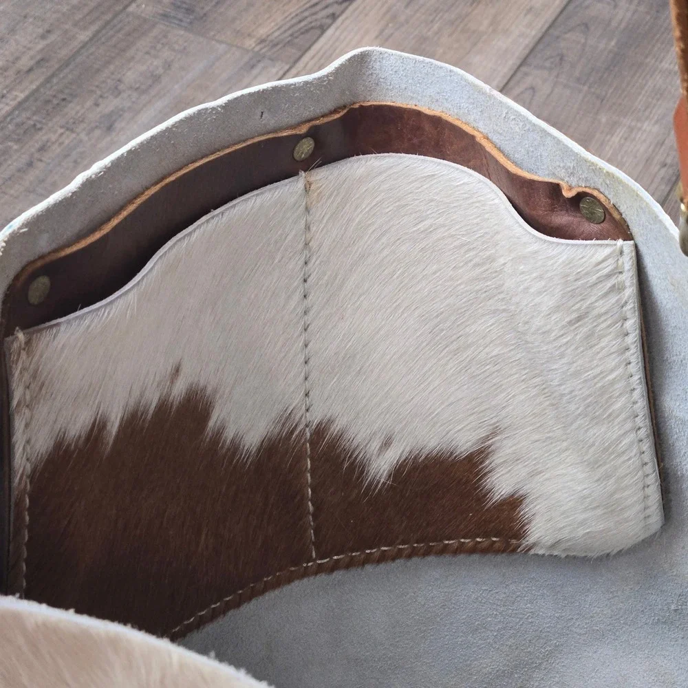 Handcrafted Cowhide Hobo Bag Brown White Hair Hide Leather Strap Large Western